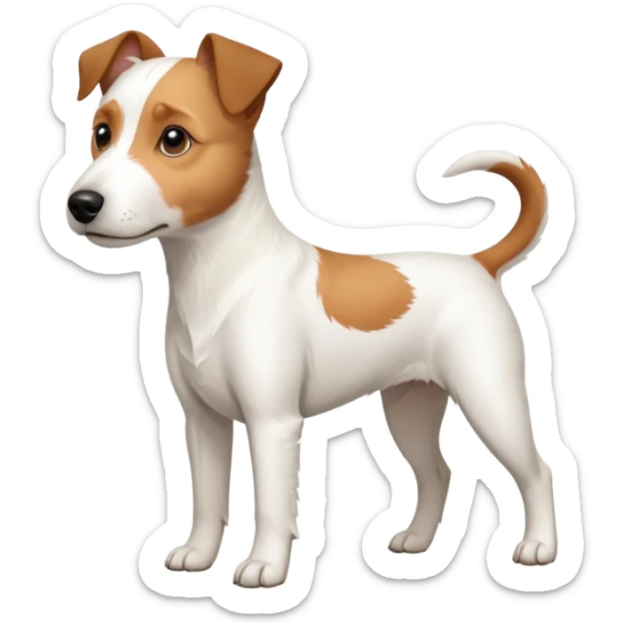 a full body large white parson russell terrier looking dog the size of a kelpie with light brown ears and a light brown patch on one eye and a large snout sticker
