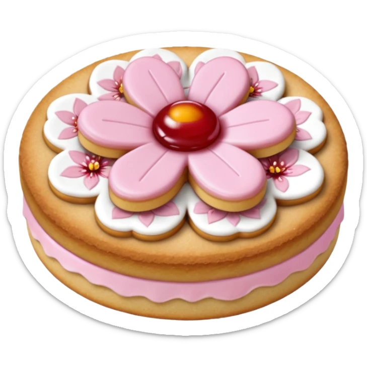 Realistic shortbread cookie in the shape of a cherry blossom with pale pink color jelly middle filling and sprinkled powder sugar on top. sticker
