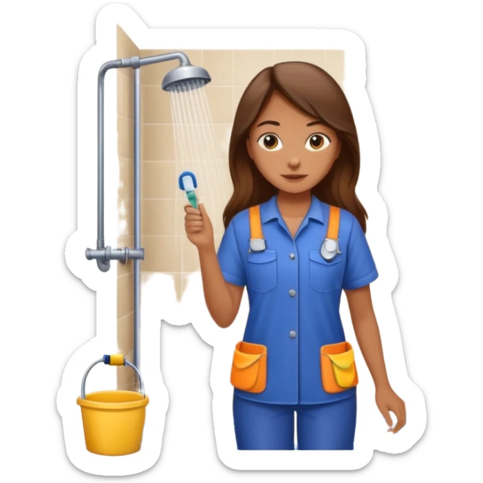 beautiful girl with long brown hair constructing new bathroom area with new shower and amenities  sticker
