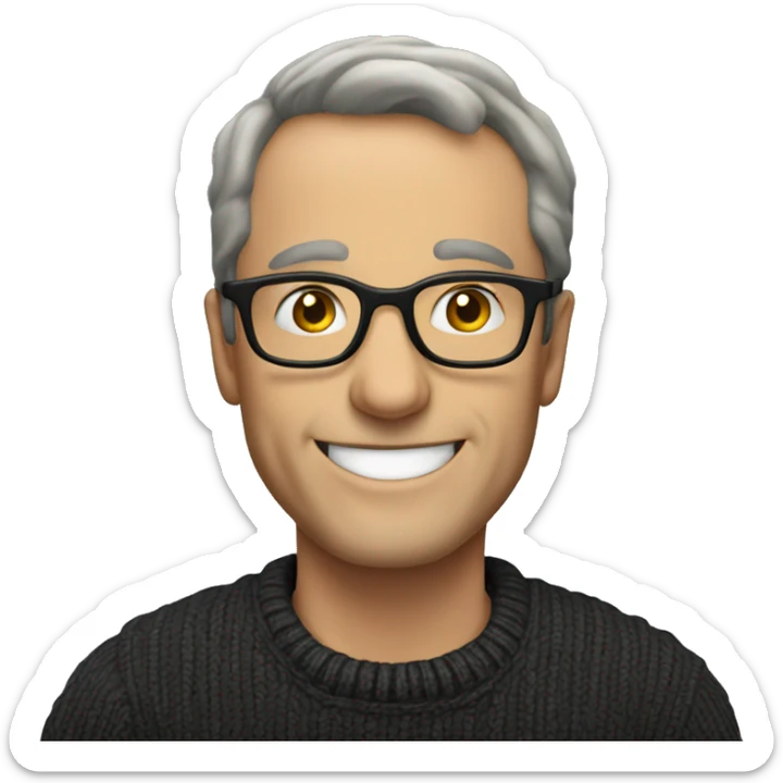 a smiling European middle-aged man wearing glasses, a dark sweater, no mustache sticker