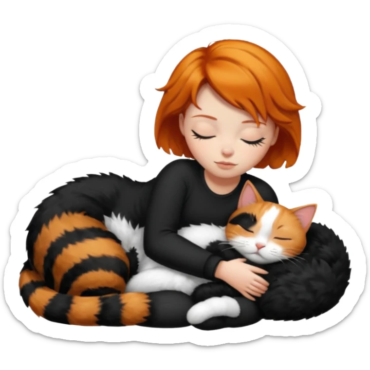 short hair Ginger Girl sleeping with a black and a white bigger cat  sticker