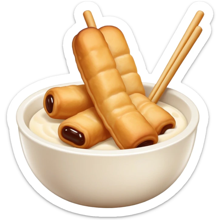 Soy milk and fried dough sticks Doujiang Youtiao in bowl and stick, simplified emoji style with bold outlines and bright colors, cartoon style traditional Chinese breakfast combo sticker