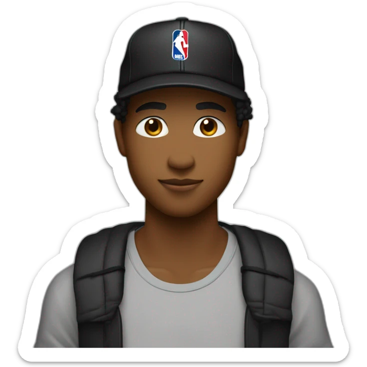 adolescente con pelo negro y con gorra nba negra cerrada y remera negra oversize lisa sticker