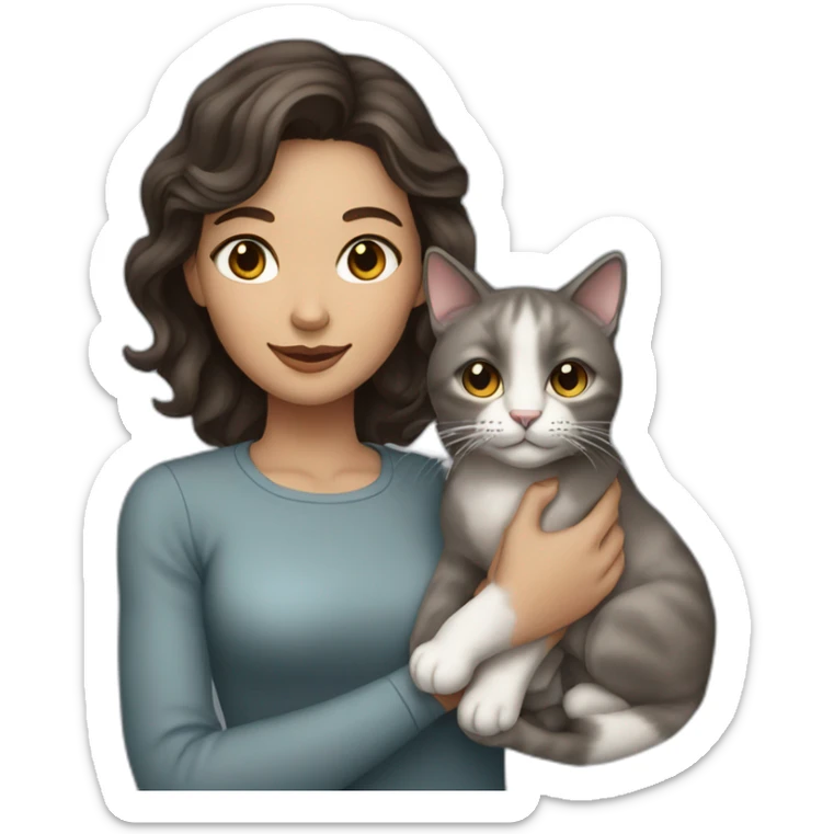 A wite skin woman with wavy dark brown hair holding a grey cat sticker