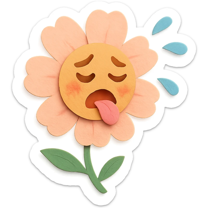 soft peach cosmos flower with a flushed, panting face doing exercise, sweat flying off in exaggerated style, gentle pastel palette, paper-craft style sticker
