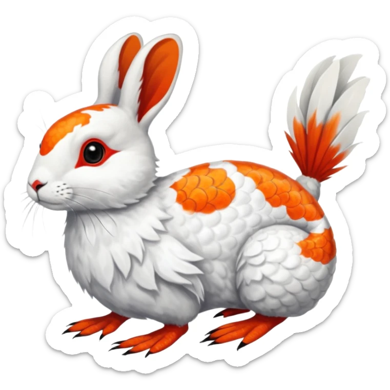 Asian Painted Fluffy Realistic Rock Ptarmigan-Snowshoe-Hare-Koi-Fish-Animal-hybrid, full body, with red marking over eye sticker