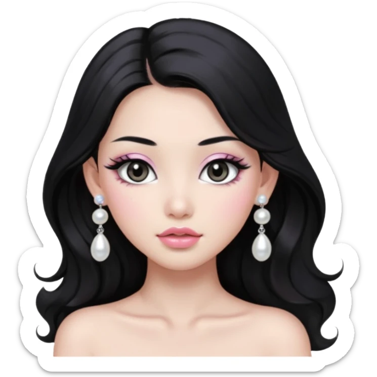 asian long voluminous black hair silver grey eyes glossy lips glittery white and light pink eyeshadow girl pearl earrings sticker