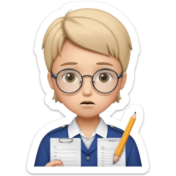 Frowns with Glasses, Angry Student: Teen in uniform, round glasses, holding test paper, pouting
 sticker