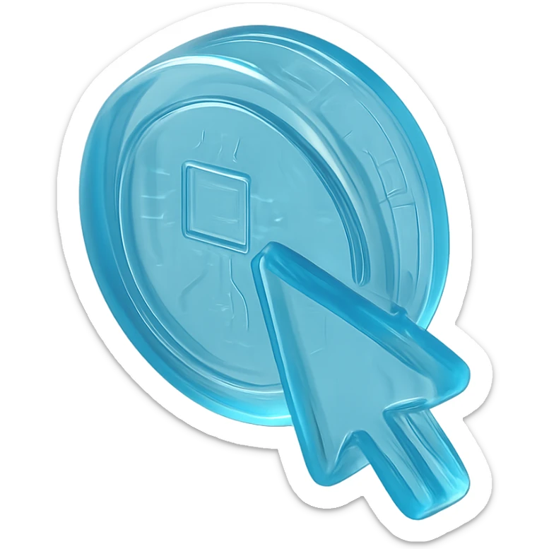 Icon of a coin with a mouse cursor clicking on it, modern and sleek, cyan blue sticker