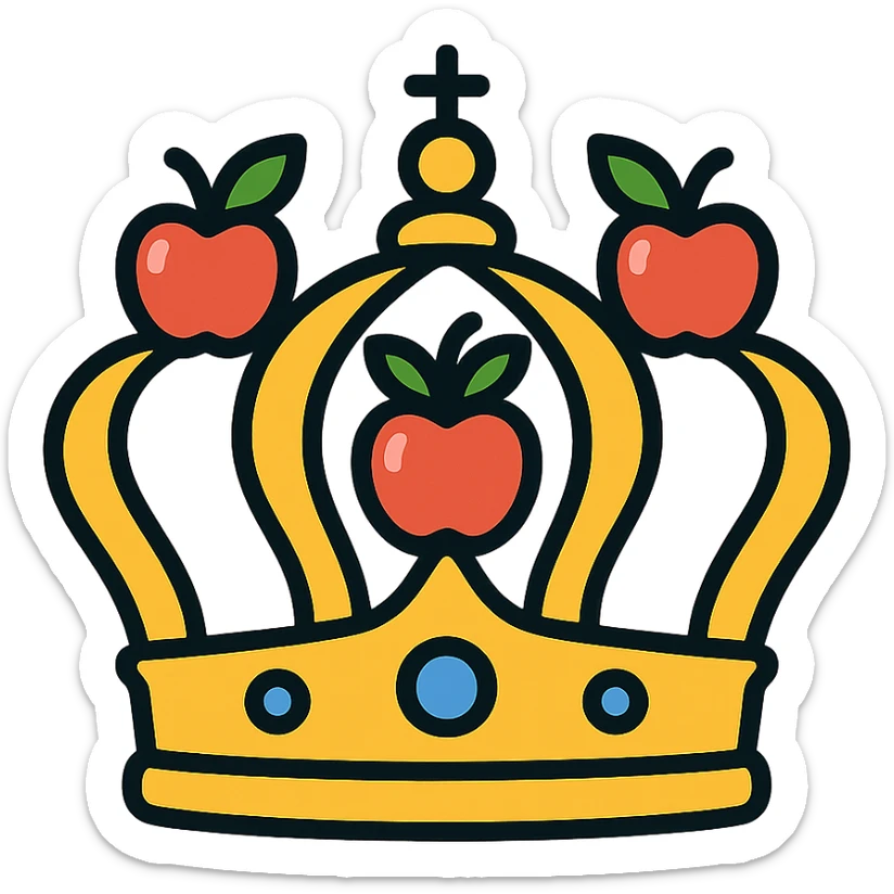 classic royal crown decorated with red apples and green leaves, luxurious and ornate sticker