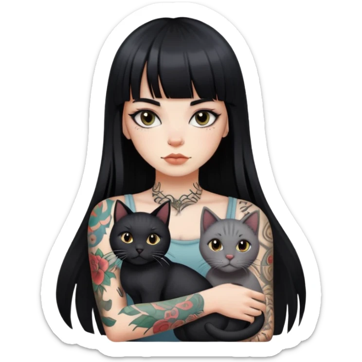 girl with long black  straight bangs hair and tattoos and a grey-shared cat sticker