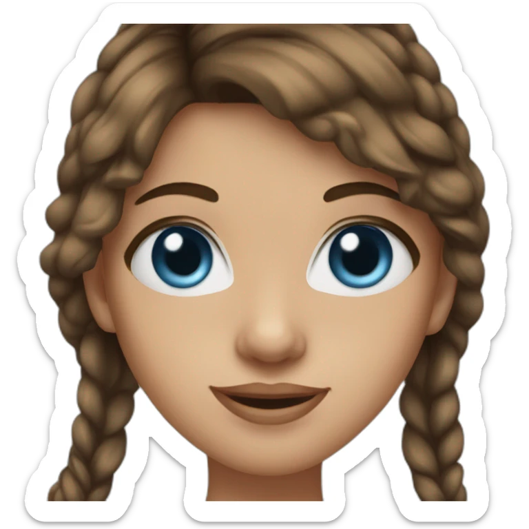 young woman with brown hair, blue almond-shaped eyes and earring sticker