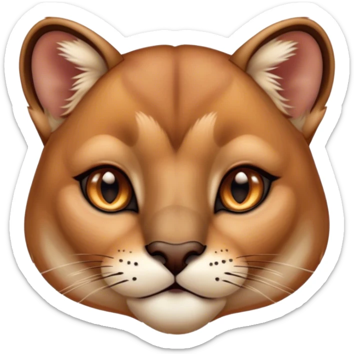 Cinematic Cute Cougar Portrait Emoji, Head tilted playfully and inquisitively, featuring a glossy, tawny Fur with delicate dark markings and round, sparkling amber eyes filled with curious mischief, Simplified yet irresistibly adorable features, highly detailed, glowing with a warm, friendly glow, high shine, affectionate and agile, stylized with a touch of wilderness whimsy, bright and endearing, soft glowing outline, capturing the essence of a mischievous yet loving cougar, so playful it feels like it could prowl out of the screen and into your arms! sticker