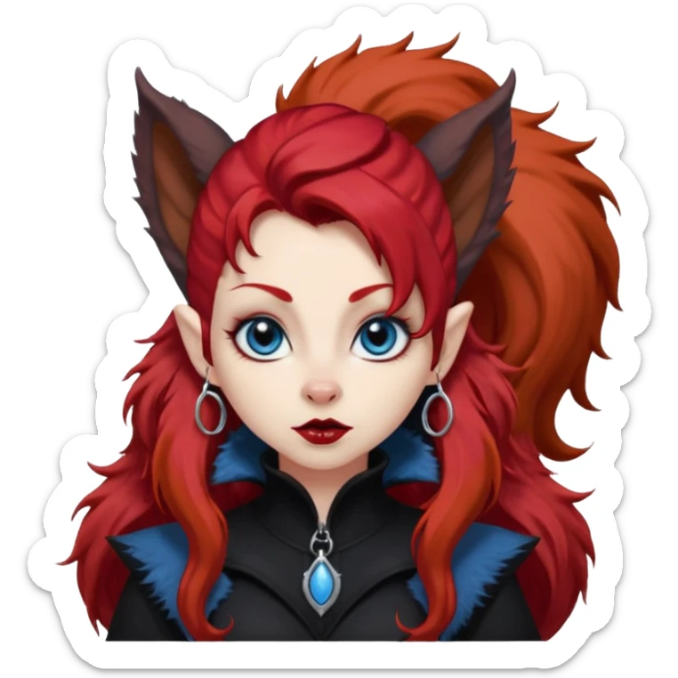  long super curly blood red hair (darker), red pointed squirrel ears with black trim, black goth outfits, body and face human, blue eyes, more pointy chin, black lipstick, one big fluffy red squirrel tail with black tips, close her mouth, less evil looking sticker