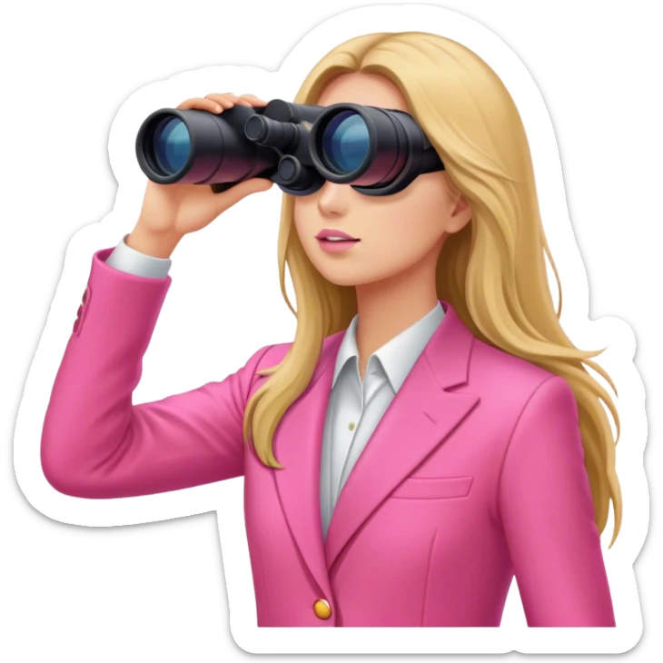 woman with long hair in an intensive color pink suit looking through binoculars sticker