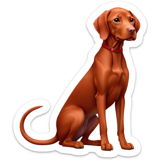 cinematic-[Vizsla-realistic-full-body-sitting-emoji,-tail-resting-loosely-beside-its-paws,-head-tilted-dramatically, -sleek-[red]-fur,-simplified-yet-realistic-focused-features,-highly-detailed,-glowing-with-an-almost-sarcastic-glow sticker