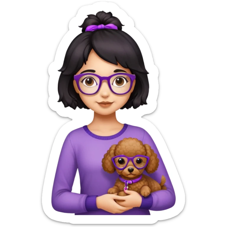Girl with black hair gradient to brown, tortoise shell glasses, purple braces, holding a toy poodle brown dog sticker