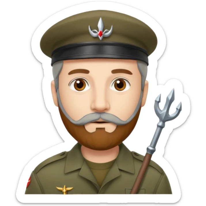 A man in military khaki beret with trident on cockarde with grey beard and brown eyes. sticker