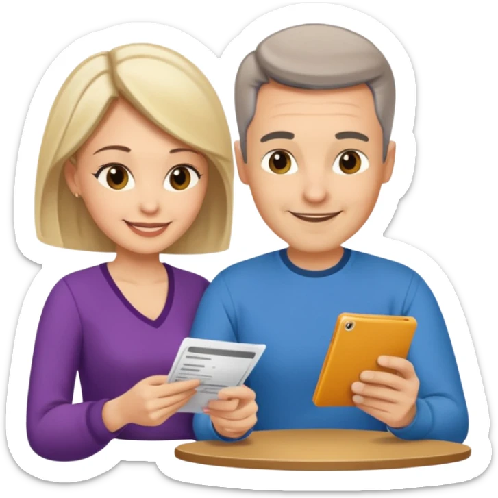 casually dressed stylish  looking husband and wife in their 40s avatars reviewing their finances together  sticker