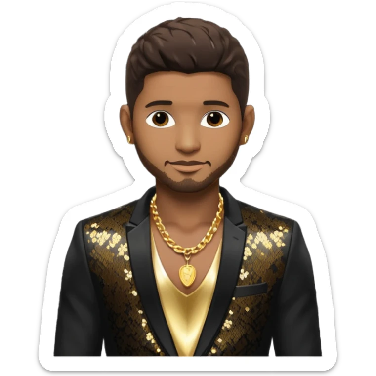 Usher with dark brown hair, black sequin suit jacket, shirtless with necklace sticker