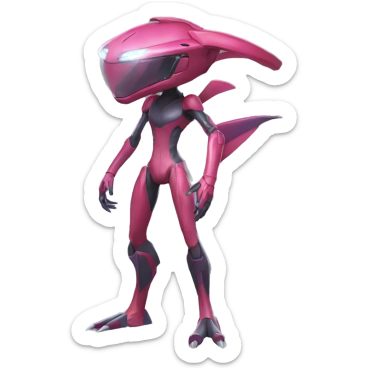 a shiny Genesect-Flygon-Raptor-Fakémon—hybrid with a futuristic visor-helmet full body sticker