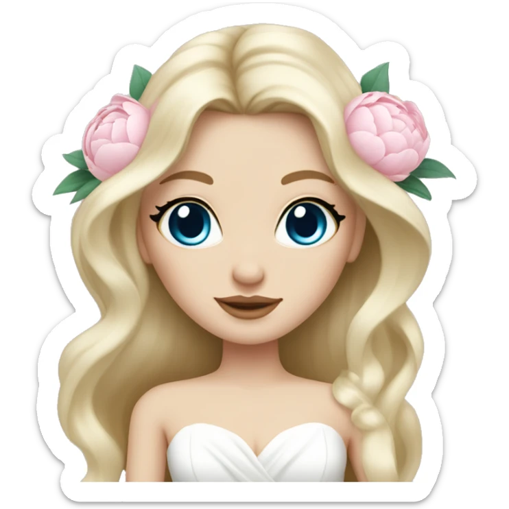 White bride with long light blonde hair and blue eyes with light pink peonies in hair white skin  sticker