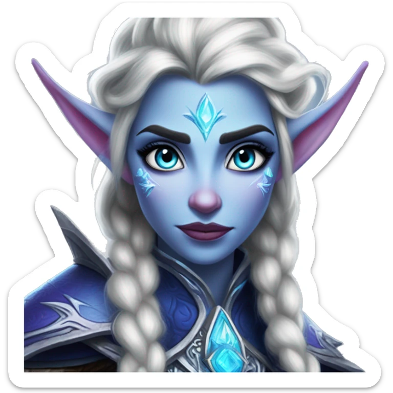 Night Elf Elsa in Warcraft style, oil paint, mysterious eyes, intricate lips, masterpiece portrait, beautiful, desirable, logical sticker