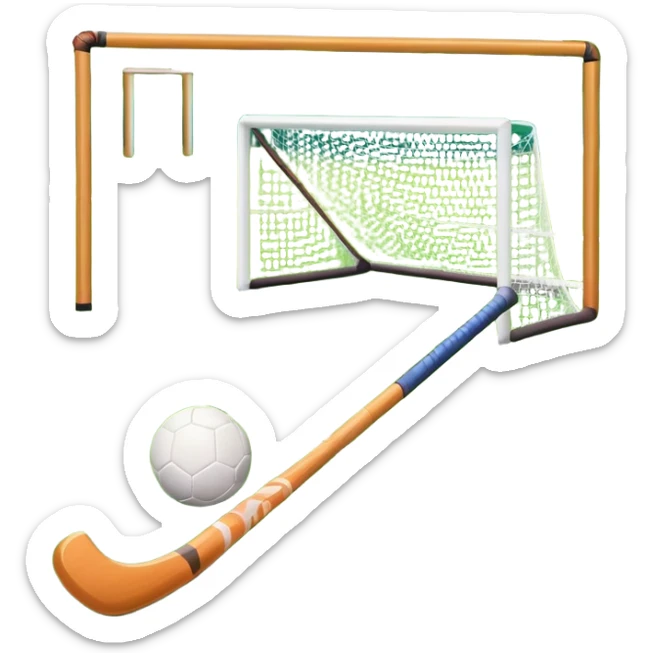 A field hockey stick and ball positioned on a vibrant green grass field, with the goalposts and clear field markings in the background. The scene highlights the lush, well-maintained turf, emphasizing the speed and precision of the sport in an energizing outdoor setting. sticker