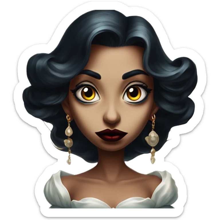 Jasmine vampire lunatic in Uncle Scrooge style, oil paint, mysterious eyes, intricate lips, masterpiece pose, odd perspective, beautiful, desirable, logical sticker