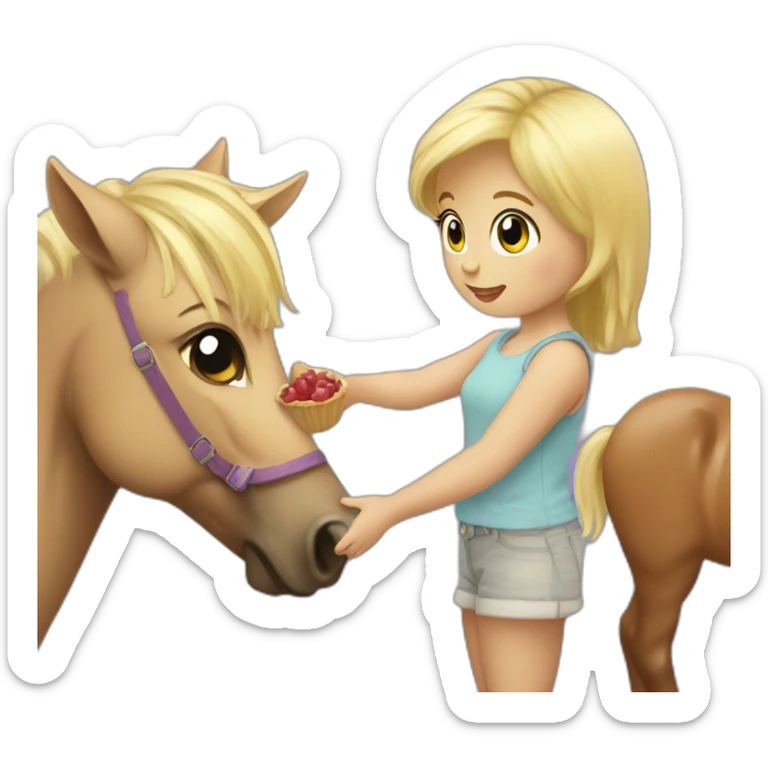 cute blonde girl giving food to a pony sticker