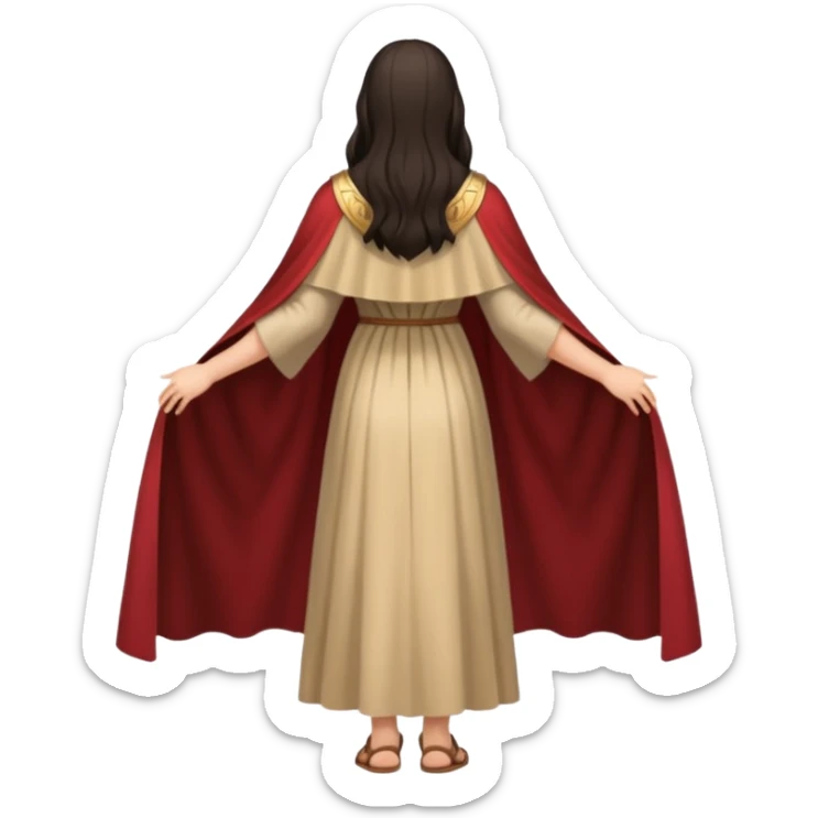 fullbody backview of Mary Magdalene, dark hair, light tan biblical dress, cape, sandals sticker