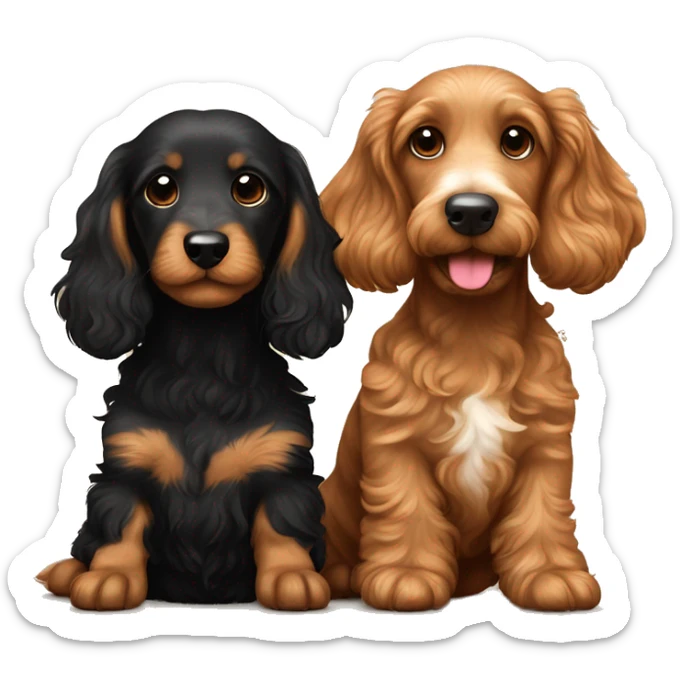 Brown golden doodle and black and tan and cream dachshund sitting together ￼￼ sticker