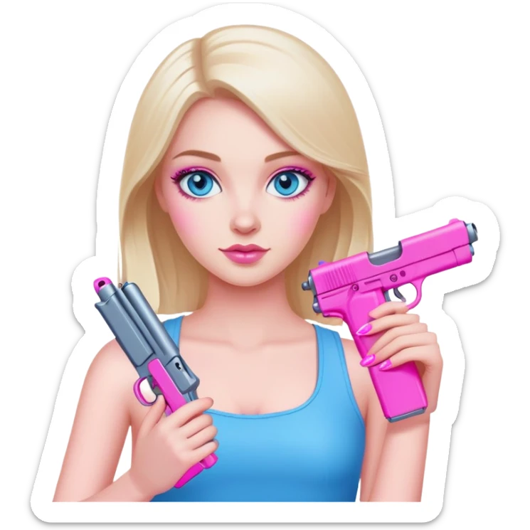 White Girl hand pink nails holding pink gun with blue eyes sticker