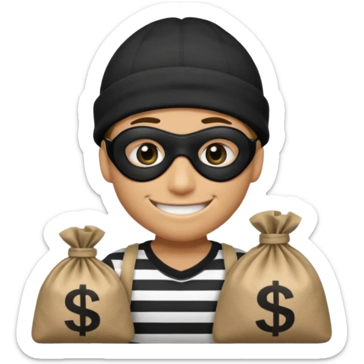 smiley robber wears black eye mask, black beanies and black and white stibes shirt with one brown money bag beside him sticker
