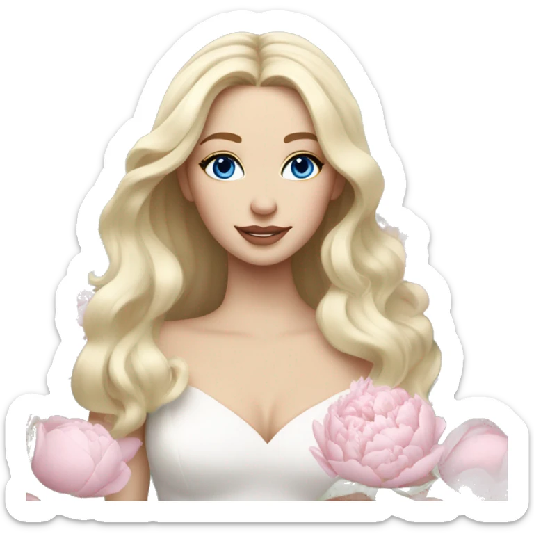 White bride with long light blonde hair and blue eyes with light pink peonies in hair white skin  sticker