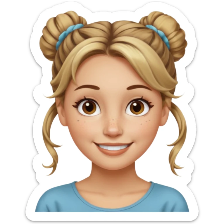 creative women with long dark Blond with highlights semi curly hair white women with hair in a messy bun, oval shape face hazel eyes long lashes freckles on the nose high cheek bones sticker