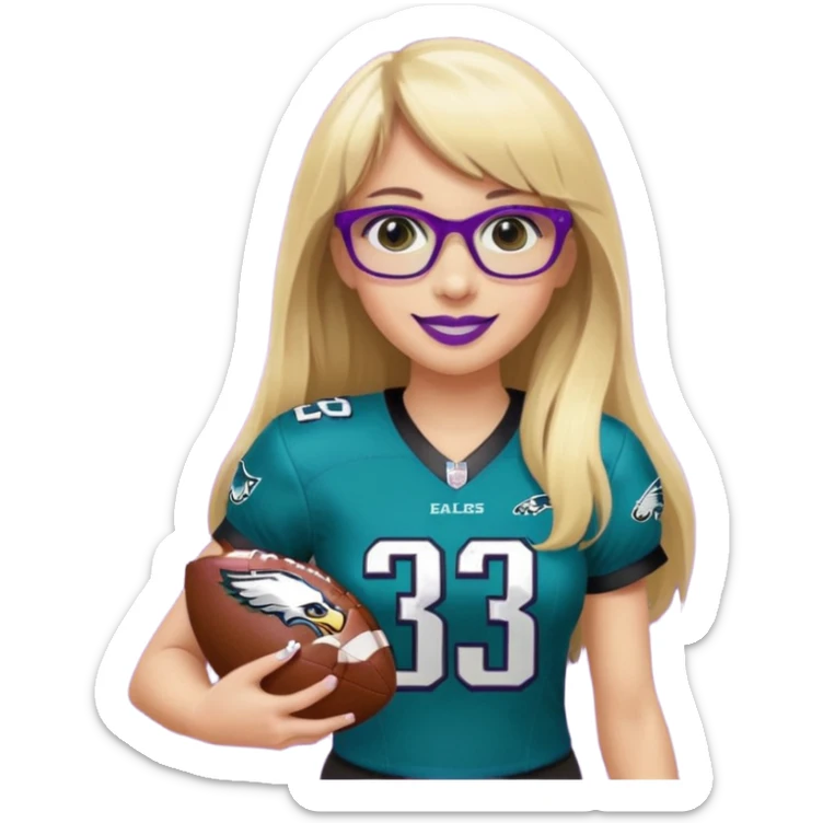 full length women wearing eagles uniform, long blonde hair, blunt bangs, black glasses, holding football, number 33, smiling, purple lipstick sticker