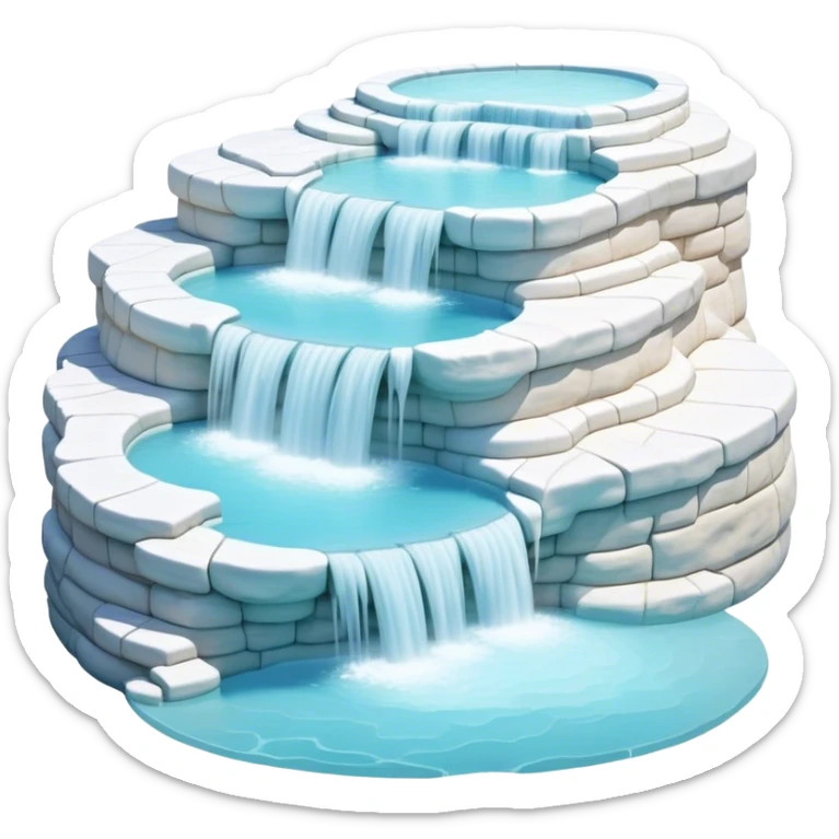 Cinematic Realistic Pamukkale Landmark Emoji, showcasing surreal cascading terraces of thermal waters rendered with ethereal textures and soft, luminous lighting. sticker