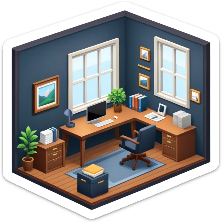 An isometric 3D room with two walls that meet at the back left and right and a Window. Dark Colors. Home Office sticker
