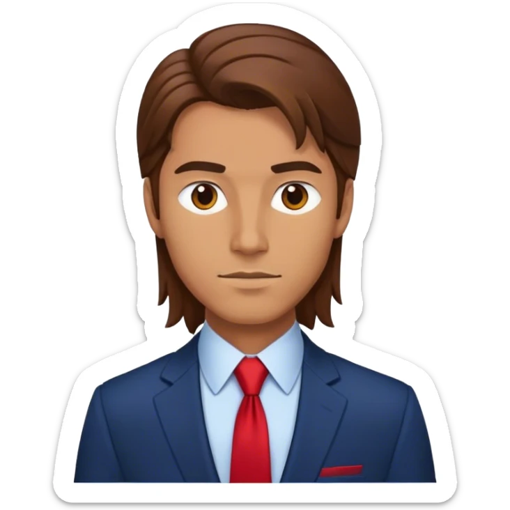 man with long brown hair in a dark blue suit with a red tie sticker