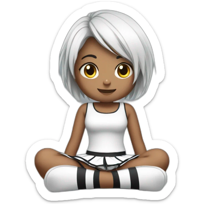 Frontal view curvy emo girl sits white skirt striped stockings hands up sticker