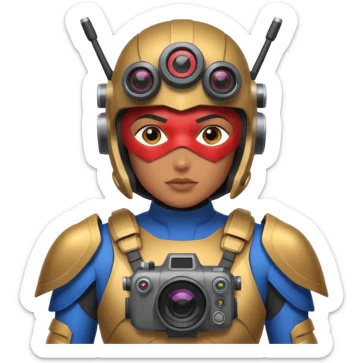 Un photographe high tech du futur, avec du matériel, une armure de terrain à la super héro. Il a des appareils photos, des caméras embarquées et un drone  sticker