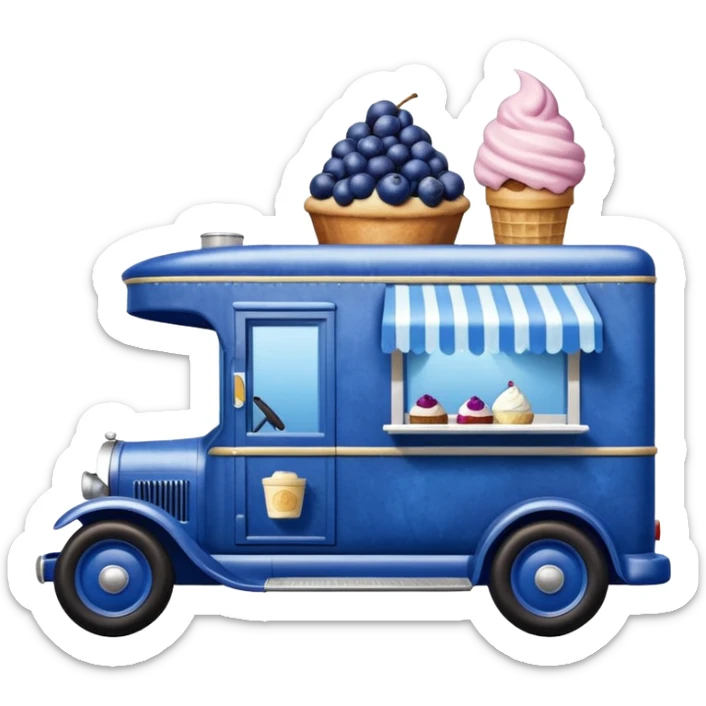shiny-dark-blue crystal-bodied frozen blueberry muffin, pie, and ice cream, 1912 antique long-wheelbase cab over durable-looking low rider moving truck food truck  sticker