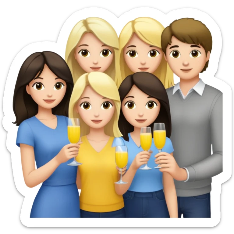 Group of friends 2 brunettes 2 blondes, one brunette guy with mimosa sticker