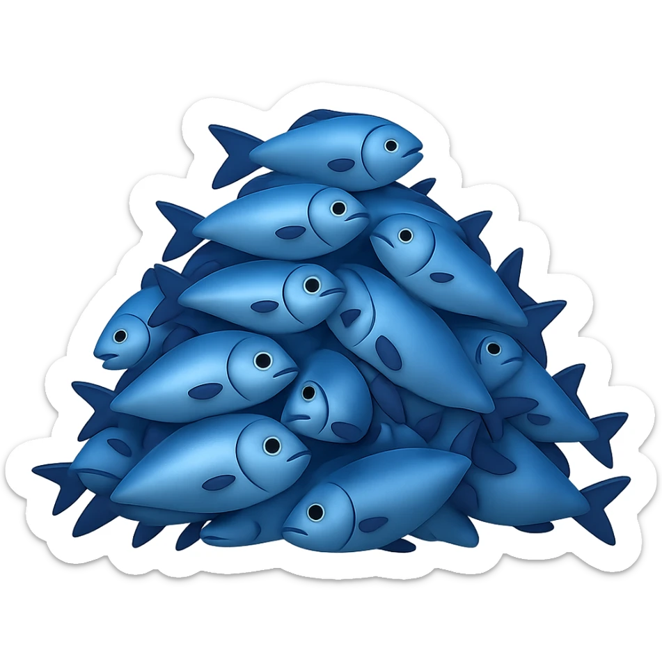 Create a large, loosely pyramid-shaped pile of blue fish in the style of iPhone Apple emojis, blending between 2D and 3D appearance, with a transparent background. sticker