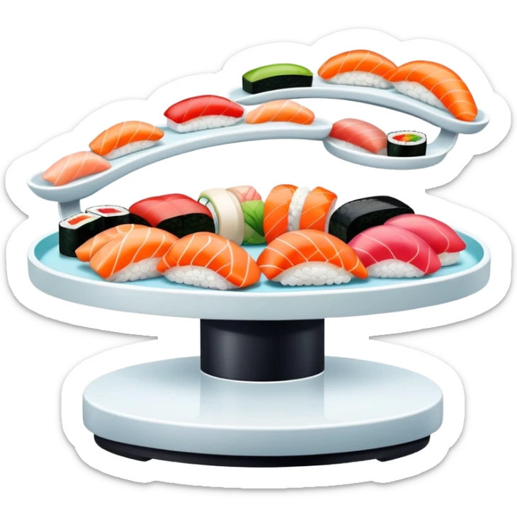 rotating sushi conveyor belt restaurant with colorful sushi plates, at restaurant  sticker