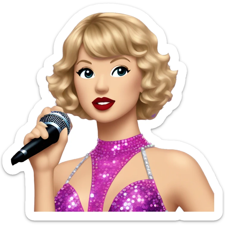 Taylor Swift wearing bedazzled pink and purple leotard bodysuit with microphone and red lipstick on stage sticker