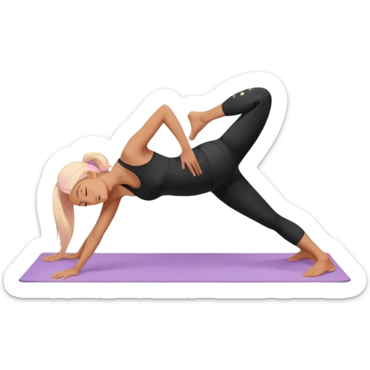 	A woman doing downward dog pose on a yoga mat, black outfit, serene background with soft pastel colors and stars. sticker