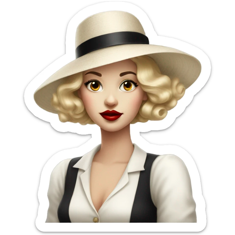 beautiful vintage girl white  in a hat black with red lipstick sticker