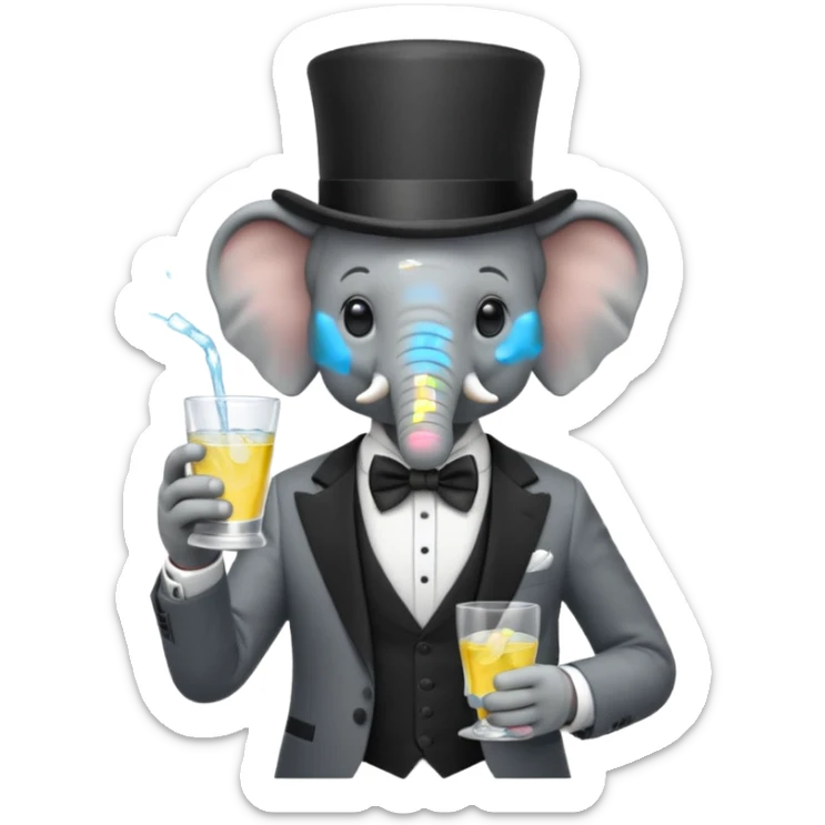elephant wearing suit, bowtie and top hat, holding glass of water sticker